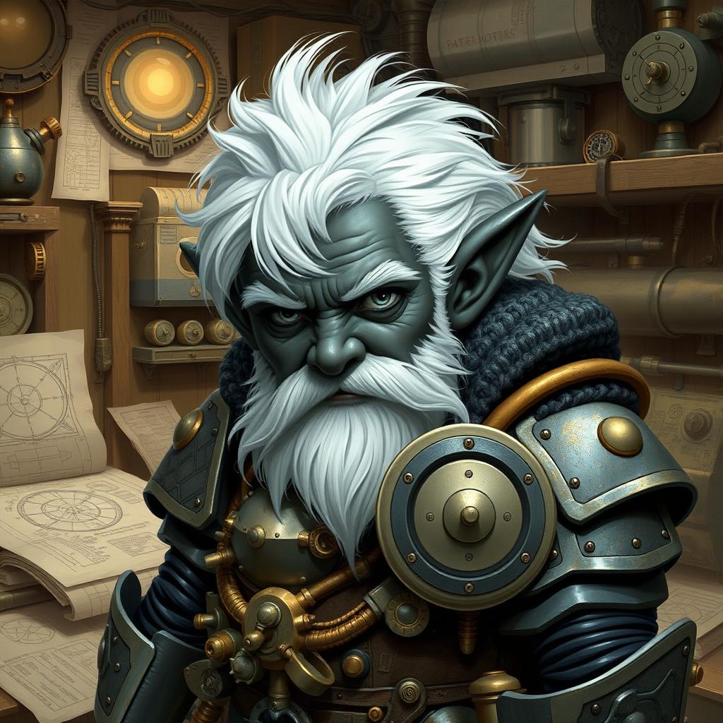 Create an image of an artificer dwarf with black skin, grayish eyes, and white hair