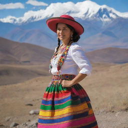 A Bolivian woman, dressed in traditional attire, including a brightly colored pollera (skirt) and bowler hat, standing against a backdrop of the majestic Andes mountains.