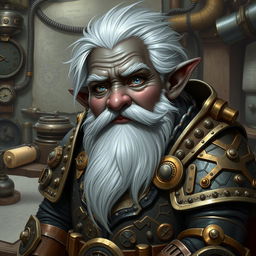 Create an image of an artificer dwarf with black skin, grayish eyes, and white hair