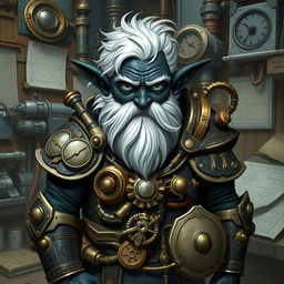 Create an image of an artificer dwarf with black skin, grayish eyes, and white hair