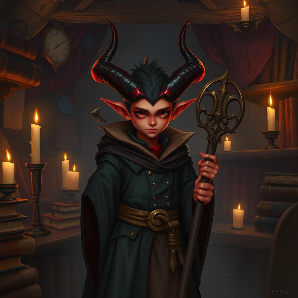 Create an image of a young warlock tiefling with red skin, big horns, and a pointy tail