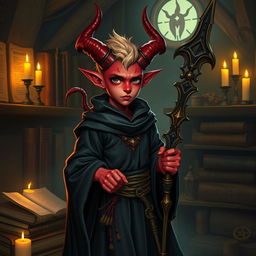 Create an image of a young warlock tiefling with red skin, big horns, and a pointy tail