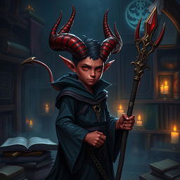 Create an image of a young warlock tiefling with red skin, big horns, and a pointy tail