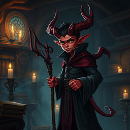 Create an image of a young warlock tiefling with red skin, big horns, and a pointy tail