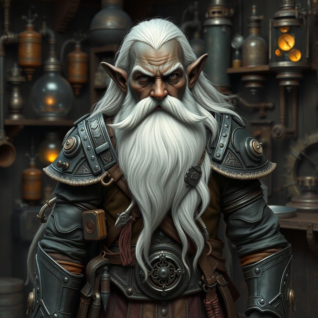 A black-skinned artificer dwarf with long white hair, a very long white beard, and grey eyes