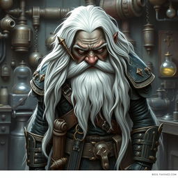 A black-skinned artificer dwarf with long white hair, a very long white beard, and grey eyes