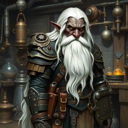 A black-skinned artificer dwarf with long white hair, a very long white beard, and grey eyes