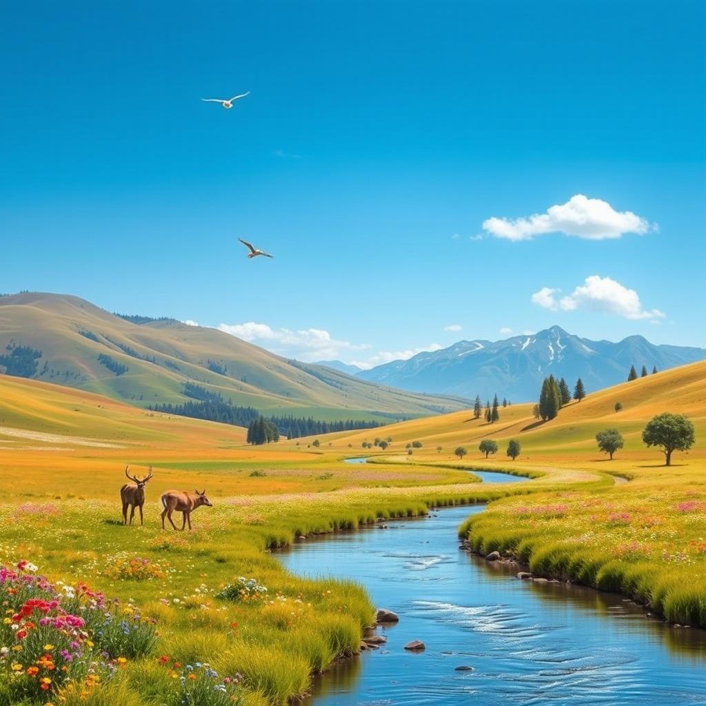 A serene landscape with rolling hills, a clear blue sky, and a gentle river flowing through a meadow filled with colorful flowers