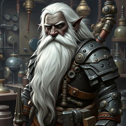 A black-skinned artificer dwarf with long white hair, a very long white beard, and grey eyes