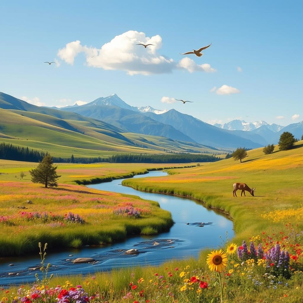 A serene landscape with rolling hills, a clear blue sky, and a gentle river flowing through a meadow filled with colorful flowers