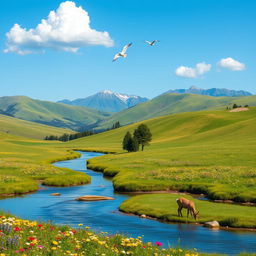 A serene landscape with rolling hills, a clear blue sky, and a gentle river flowing through a meadow filled with colorful flowers