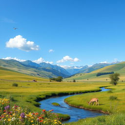 A serene landscape with rolling hills, a clear blue sky, and a gentle river flowing through a meadow filled with colorful flowers