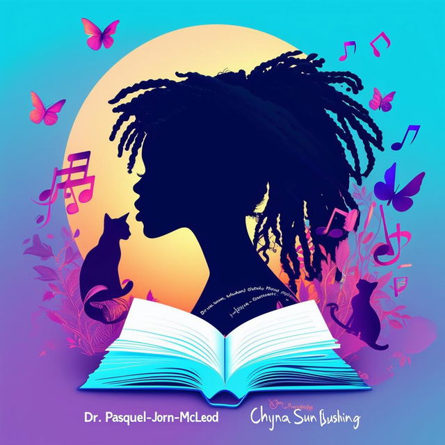 Create an elegant and vibrant logo for a book featuring a silhouette of a woman with short dreadlocks, music notes, butterflies, two cat silhouettes, and an open book