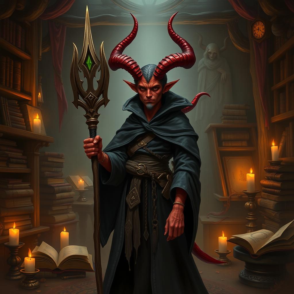 Create an image of a teenage warlock tiefling with red skin, big horns, and a pointy tail