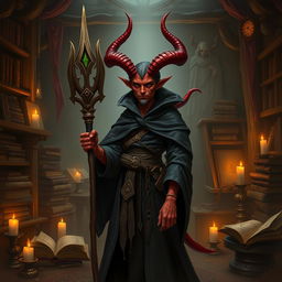 Create an image of a teenage warlock tiefling with red skin, big horns, and a pointy tail