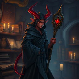 Create an image of a teenage warlock tiefling with red skin, big horns, and a pointy tail