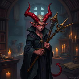 Create an image of a teenage warlock tiefling with red skin, big horns, and a pointy tail