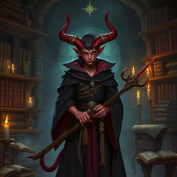 Create an image of a teenage warlock tiefling with red skin, big horns, and a pointy tail