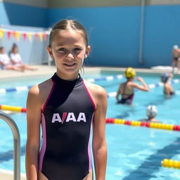 A 14-year-old girl wearing a water polo suit, standing by the poolside