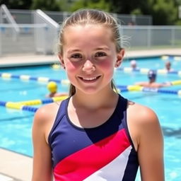 A 14-year-old girl wearing a water polo suit, standing by the poolside