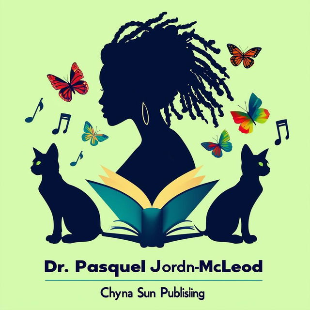 Create an elegant and vibrant logo for a book featuring a silhouette of a woman with short dreadlocks, music notes, butterflies, two cat silhouettes, and an open book