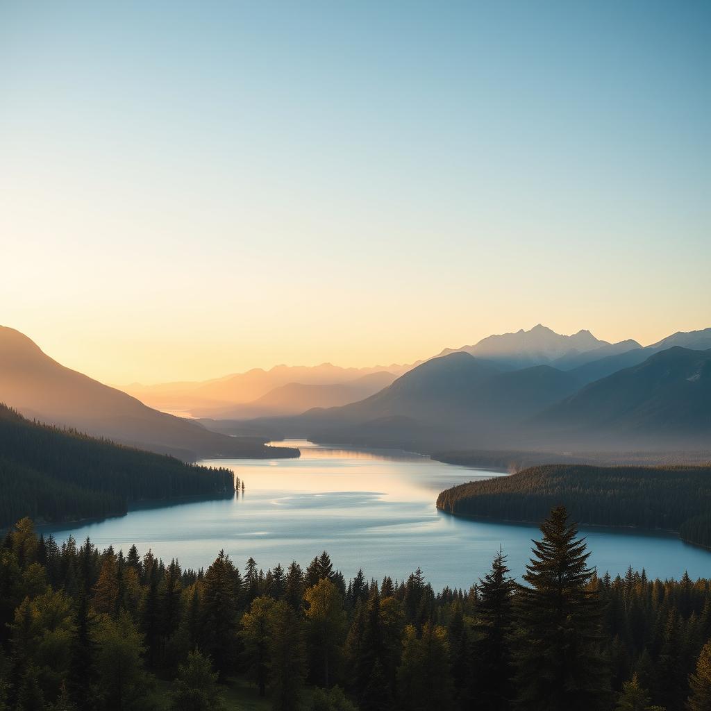 A beautiful landscape featuring a serene lake surrounded by lush green forests and majestic mountains in the background