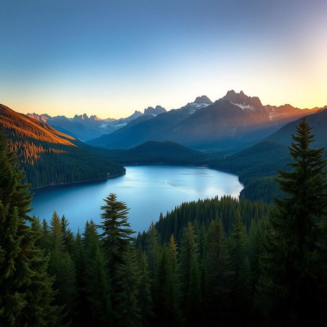 A beautiful landscape featuring a serene lake surrounded by lush green forests and majestic mountains in the background