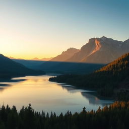 A beautiful landscape featuring a serene lake surrounded by lush green forests and majestic mountains in the background