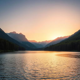 A beautiful landscape featuring a serene lake surrounded by lush green forests and majestic mountains in the background