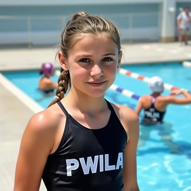 A 14-year-old girl wearing a water polo suit, standing by the poolside