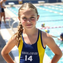 A 14-year-old girl wearing a water polo suit, standing by the poolside