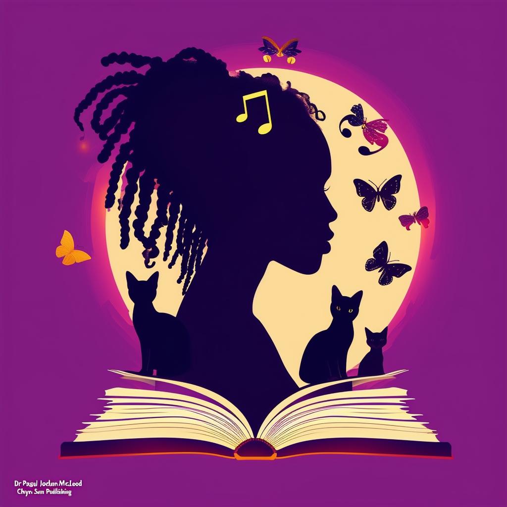 Create an elegant and vibrant logo for a book featuring a silhouette of a woman with short dreadlocks, music notes, butterflies, two cat silhouettes, and an open book