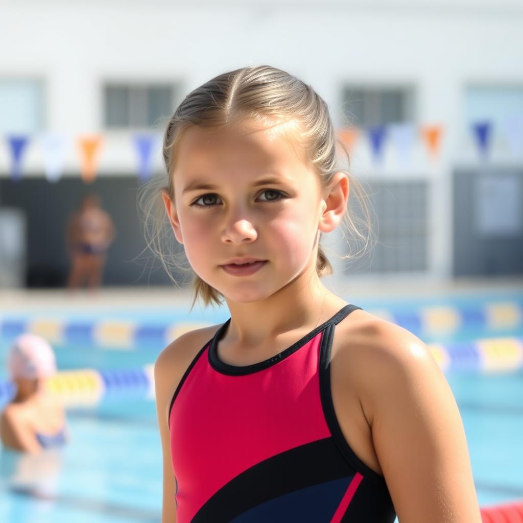 A 14-year-old girl wearing a water polo suit, standing alone by the poolside