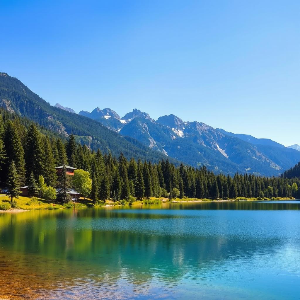 A beautiful landscape featuring a serene lake surrounded by lush green trees and mountains in the background under a clear blue sky