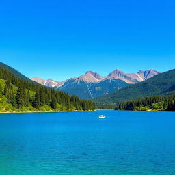 A beautiful landscape featuring a serene lake surrounded by lush green trees and mountains in the background under a clear blue sky