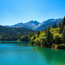 A beautiful landscape featuring a serene lake surrounded by lush green trees and mountains in the background under a clear blue sky