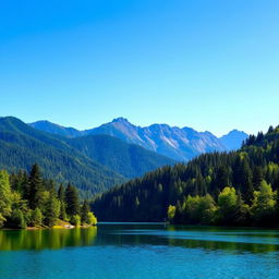 A beautiful landscape featuring a serene lake surrounded by lush green trees and mountains in the background under a clear blue sky