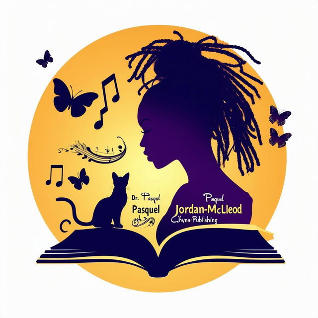 Create an elegant and vibrant logo for a book featuring a silhouette of a woman with short dreadlocks, music notes, butterflies, two cat silhouettes, and an open book