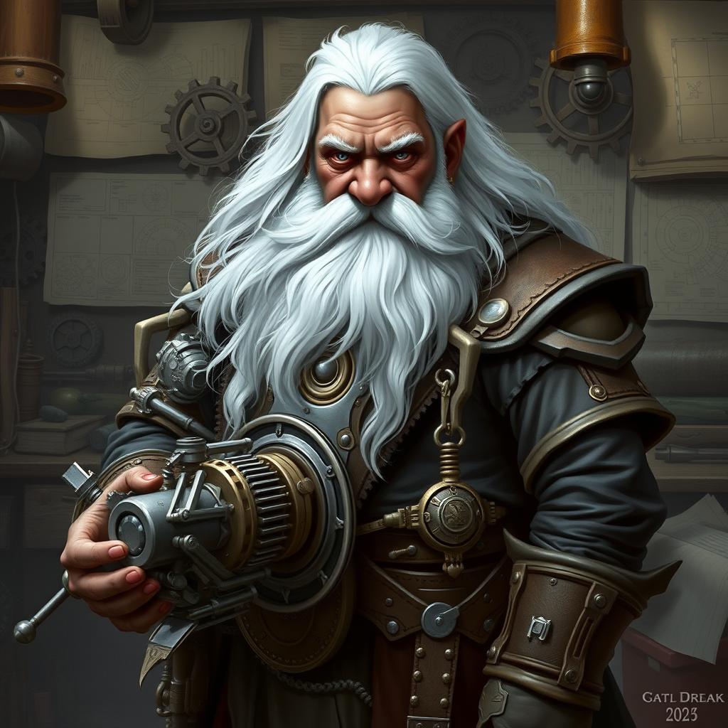 A skilled dwarf artificer with dark skin, long white hair, a very long white beard, and grey eyes