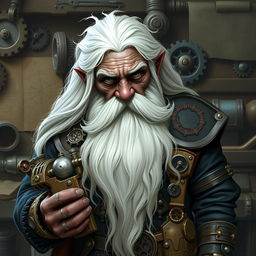 A skilled dwarf artificer with dark skin, long white hair, a very long white beard, and grey eyes