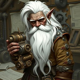 A skilled dwarf artificer with dark skin, long white hair, a very long white beard, and grey eyes