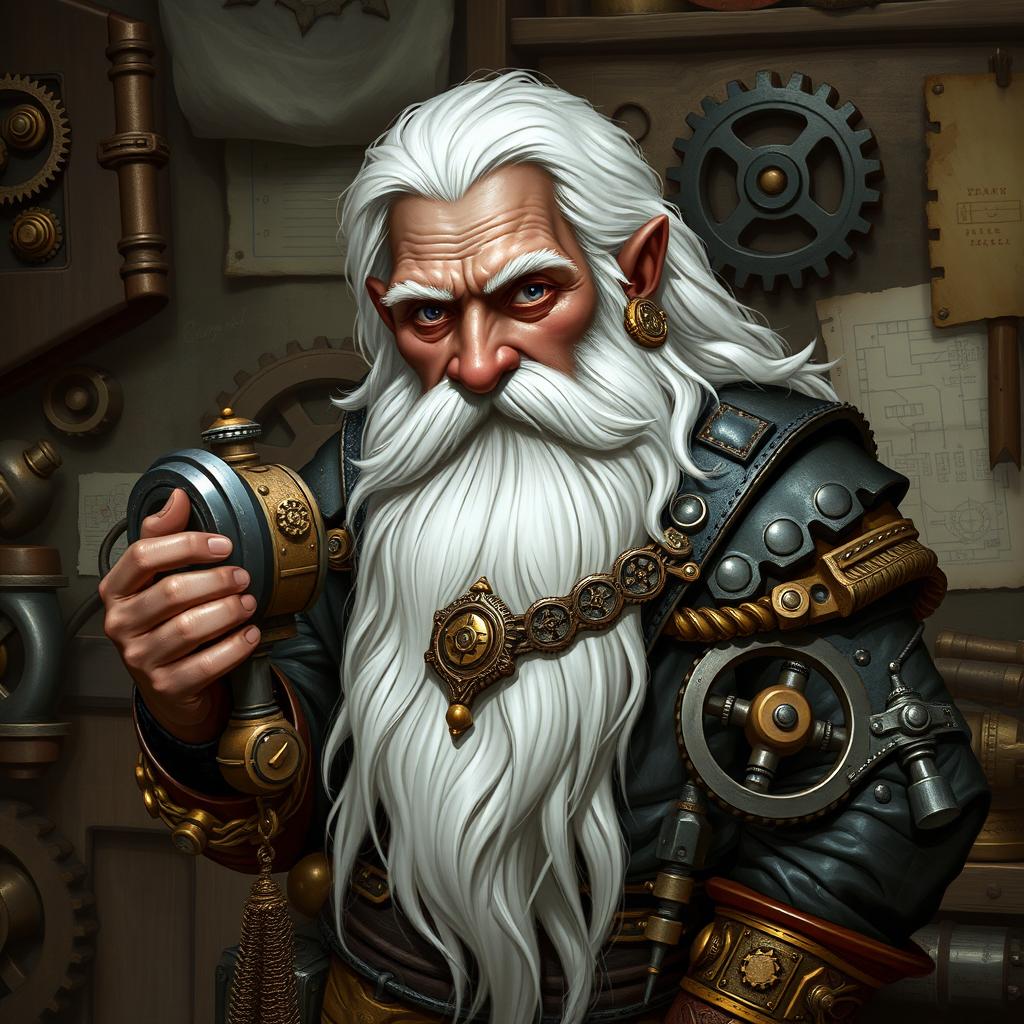 A skilled dwarf artificer with dark skin, long white hair, a very long white beard, and grey eyes