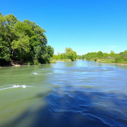 A serene landscape featuring a clear blue sky, a gently flowing river, and lush green trees