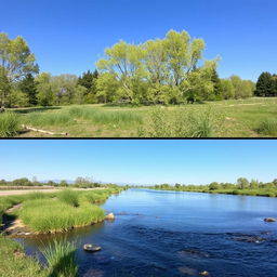 A serene landscape featuring a clear blue sky, a gently flowing river, and lush green trees