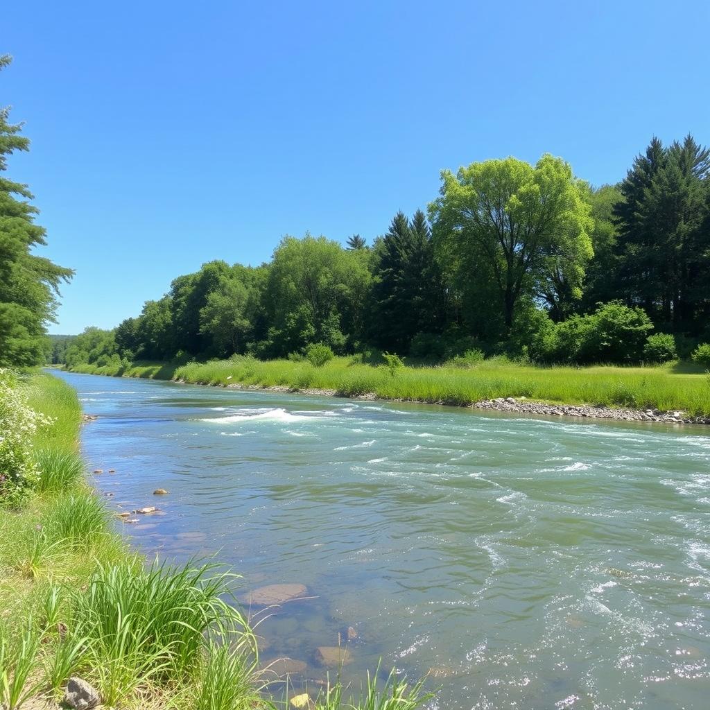 A serene landscape featuring a clear blue sky, a gently flowing river, and lush green trees