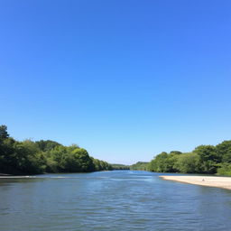 A serene landscape featuring a clear blue sky, a gently flowing river, and lush green trees