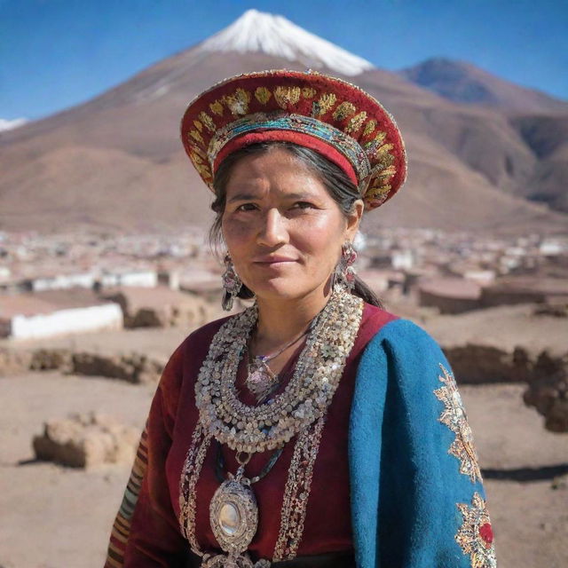 A woman from Potosi in Bolivia, dressed in traditional attire and accessories. She's standing with the iconic Cerro Rico in the background.