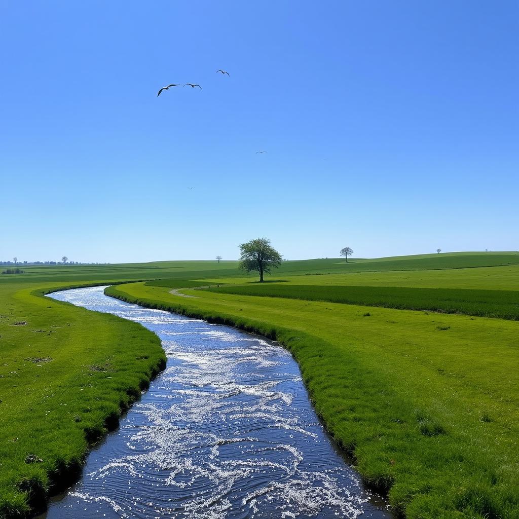 A serene landscape with a clear blue sky, lush green fields, and a sparkling river flowing through it