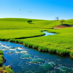 A serene landscape with a clear blue sky, lush green fields, and a sparkling river flowing through it