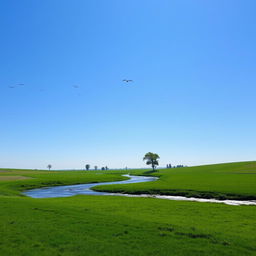 A serene landscape with a clear blue sky, lush green fields, and a sparkling river flowing through it